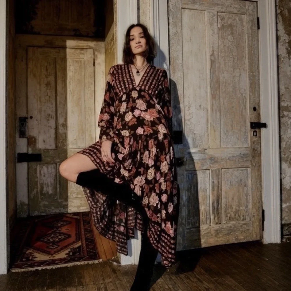 Free People Rows of Roses Maxi Dress Black Ivory Floral Boho Asymmetric Hem